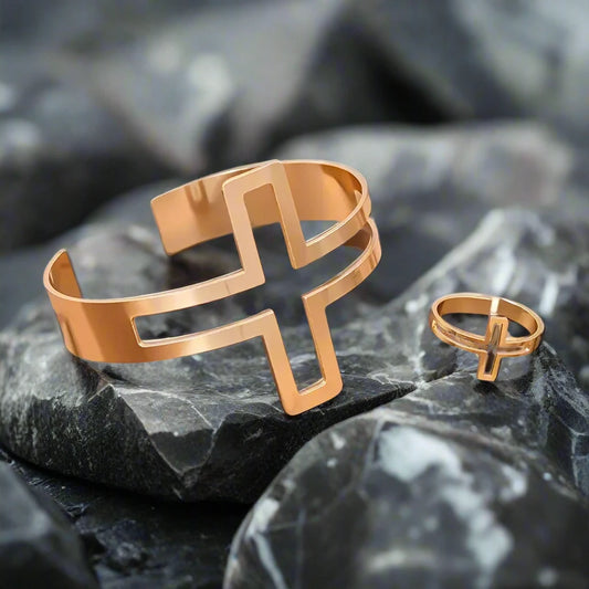 Men's Gold Cross Open Adjustable Bracelet & Ring Combo Set