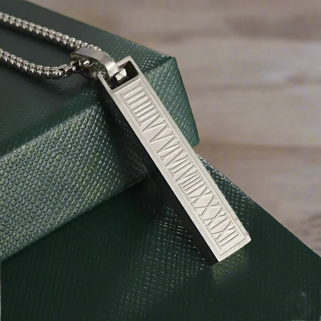 Men's Roman Numeral Bar Pendant On Sterling Silver Chain