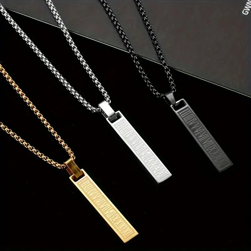 Men's Roman Numeral Bar Pendant On Sterling Silver Chain